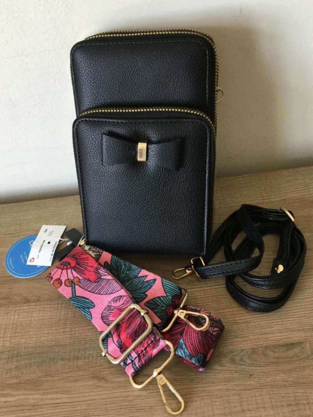 Black Triple Zippered Crossbody Wallet with Bow Detail & 2 Adjustable Straps NWT